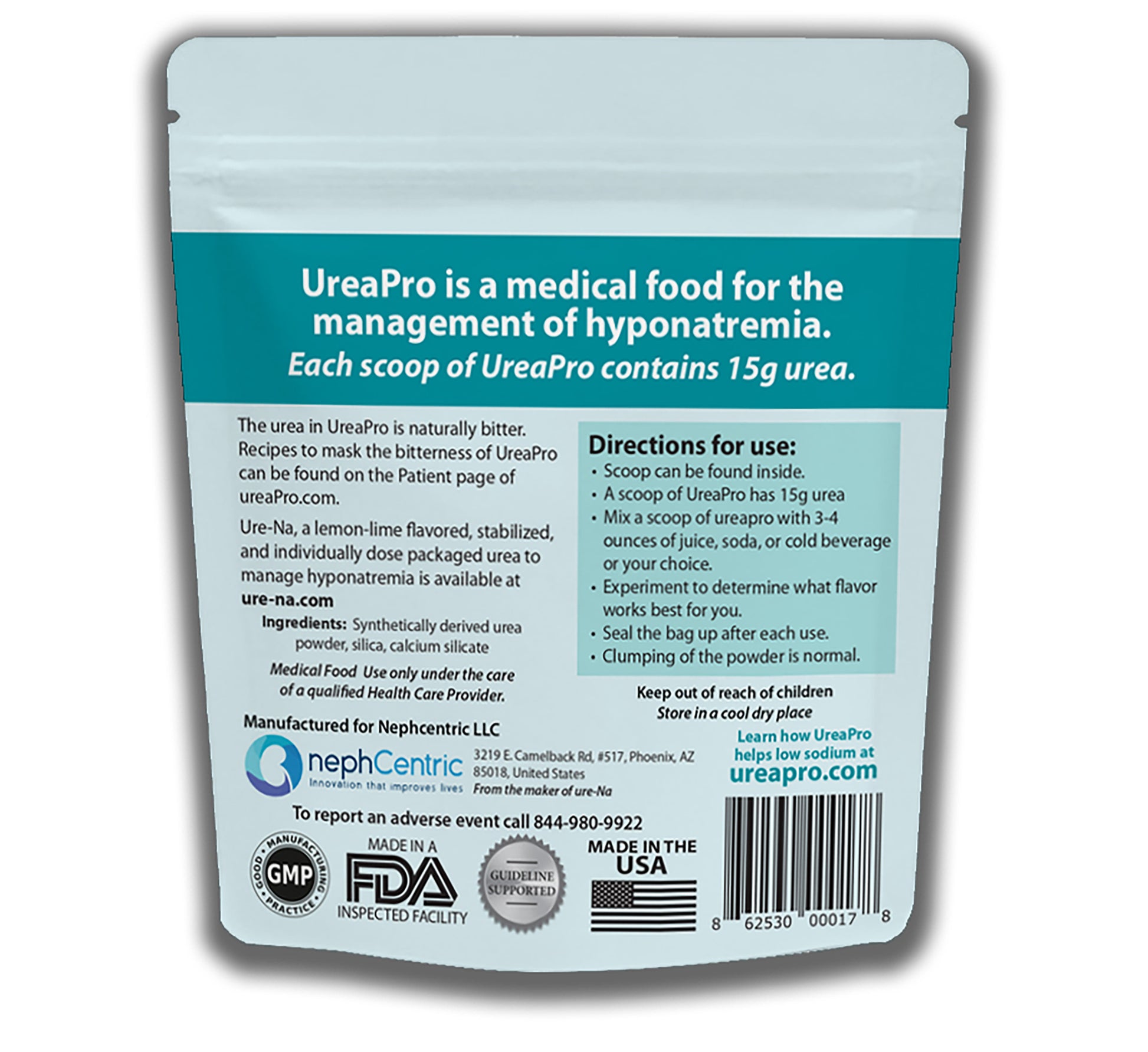 Back panel of the UreaPRO bag with direction for use, ingredients and the nephcentric address.